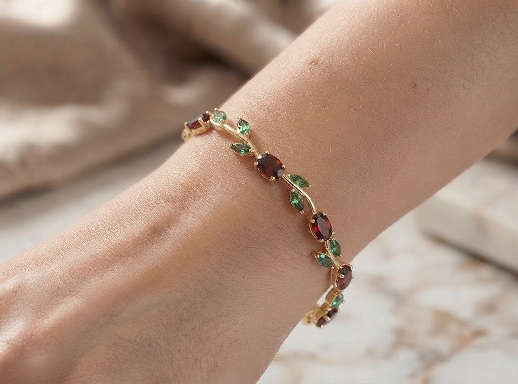 Ruby Red & Emerald Leaf Tulip Bracelet