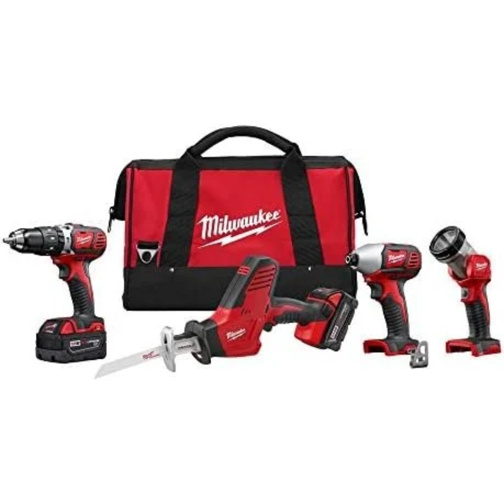 Milwaukee 2695-24 M18 18V Cordless Power Tool Combo Kit with Hammer Drill, Impact Driver, Reciprocating Saw, and Work Light (2 Batteries, Charger, and Tool Case Included)