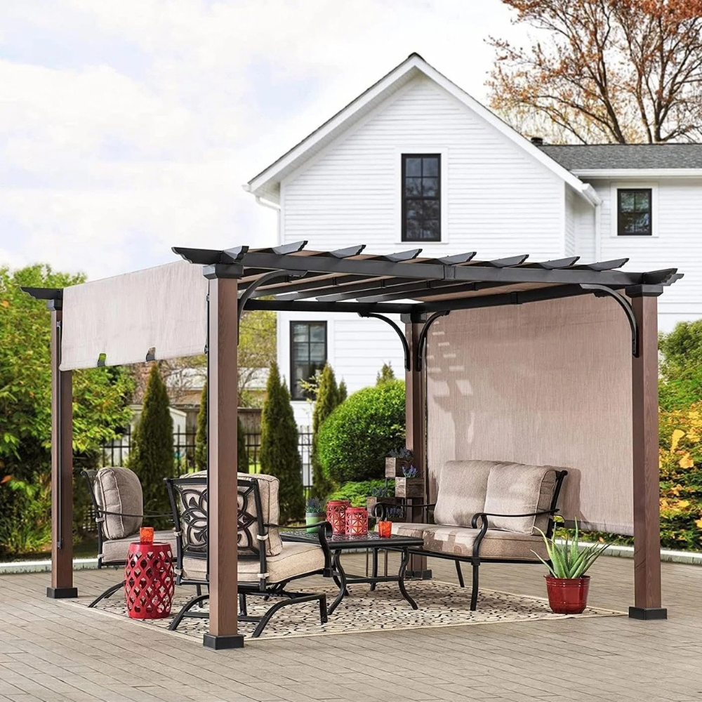 Sunjoy 11 x 11 ft Metal Pergola with Adjustable Tan Garden Shades
