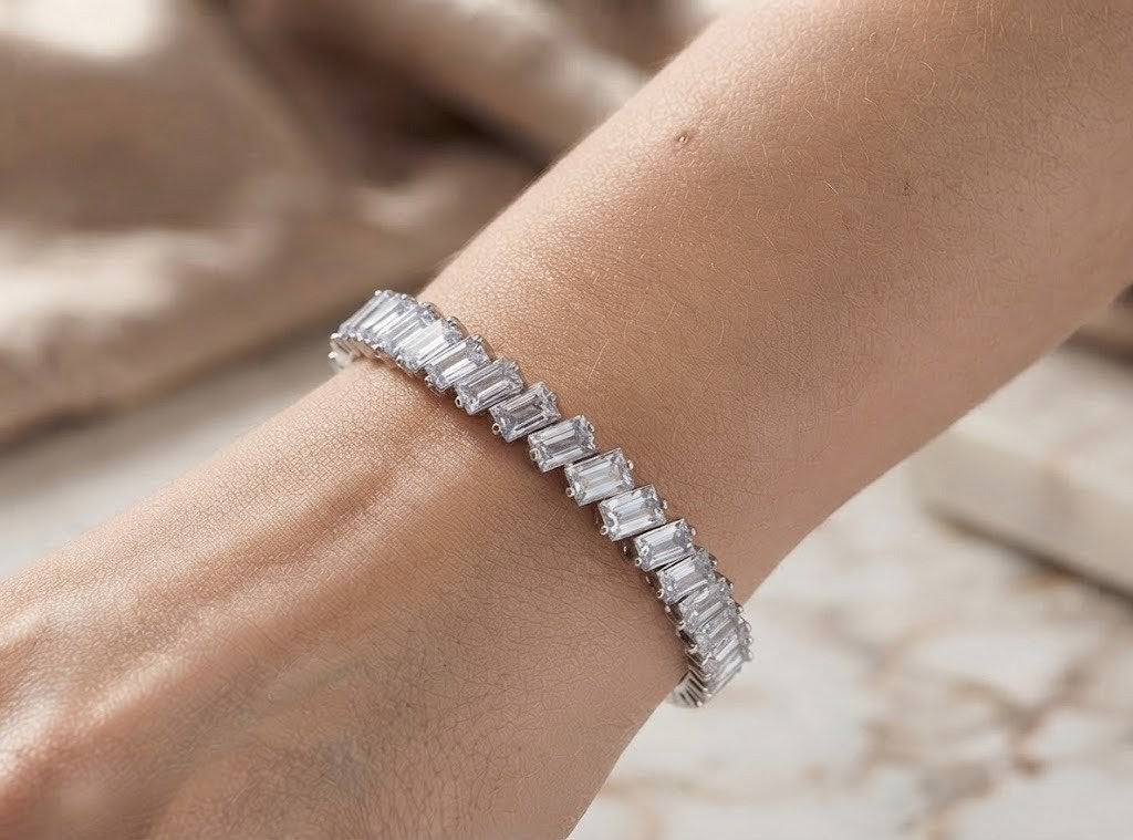 Silver-Tone Baguette Crystal Bangle
